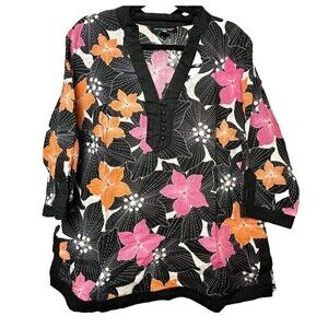 2/$30 Saint Tropez West 100% Linen Tunic Top Size 1X Hawaiian Resortwear Beach